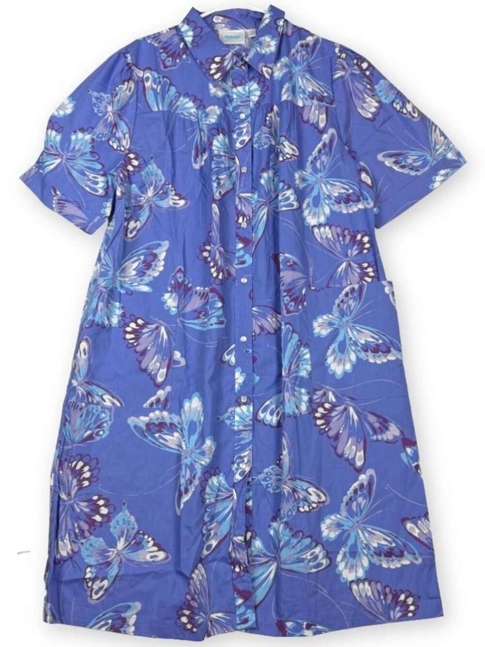 NATIONAL Blue Butterfly Print Snap Front Short Sleeve House Dress.